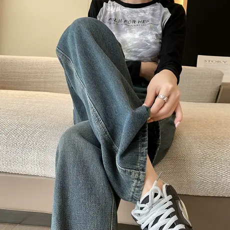 复古阔腿牛仔裤女2023秋季新款高腰梨形直筒宽松百搭显瘦拖地裤子商品大图