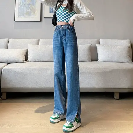 开叉阔腿牛仔裤女春秋季2024年新款高腰宽松显瘦百搭小个子直筒裤图片