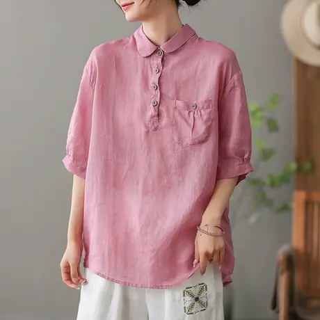 dza 复古苎麻女士衬衫2023夏季薄款短袖衬衣宽松显瘦棉麻套头上衣商品大图