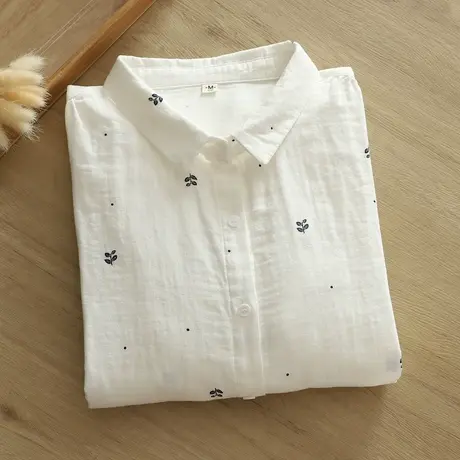 春秋季日系文艺小清新碎花印花双层棉纱长袖白衬衫女宽松打底上衣商品大图