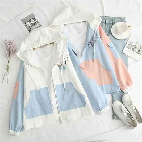 春装新款少女卡通刺绣连帽外套日系森女学生软萌妹甜美拼色风衣潮图片