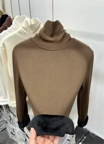 一体绒高领加厚T恤修身气质打底衫女2023初冬新款堆堆领内搭上衣图片