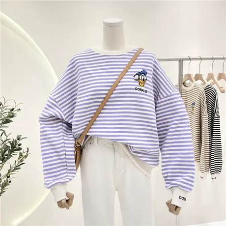 条纹卫衣女春秋新款减龄刺绣卡通图案洋气宽松设计感长袖套头上衣商品大图