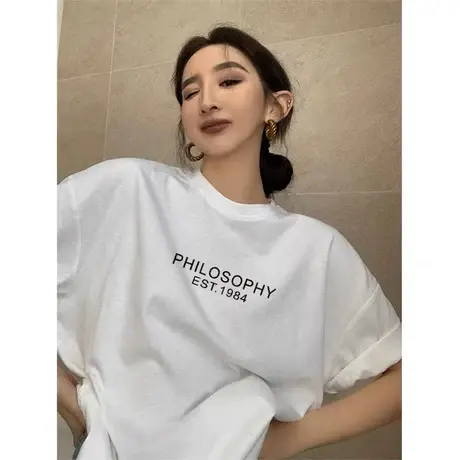 宽松白色T恤女装纯棉短袖夏季甜美港风chic复古印花半袖正肩上衣商品大图