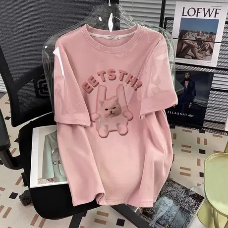 韩国东大门新款女装粉色设计感大码短袖t恤夏ins潮清纯甜美风上衣商品大图