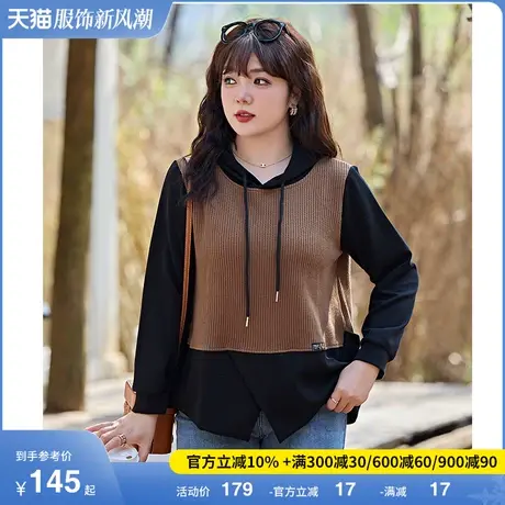 2024春冬新款大码女装拼色针织假两件上衣宽松显瘦胖MM连帽套头衫图片