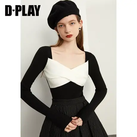 DPLAY2025春季黑色毛衣熊猫色针织衫方领打底衫内搭女蝴蝶结上衣商品大图