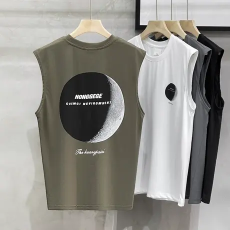 无袖坎肩棉背心男士夏季薄款潮流印花ins宽松运动打底马甲T恤上衣商品大图