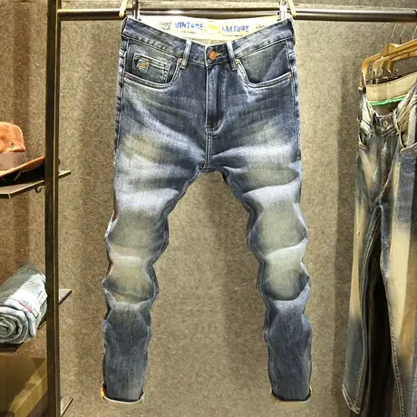 潮流牛仔裤男秋冬季厚款修身小直筒蓝色复古做旧高端水洗牛仔长裤商品大图