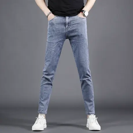 潮牌九分牛仔裤男夏季新款蓝色修身小脚高端男士简约质感百搭裤子商品大图