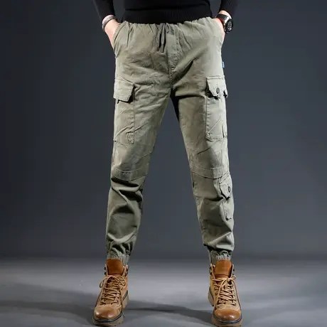 男士工装休闲裤2023秋冬新款修身束脚潮流百搭松紧腰浅绿色休闲裤图片