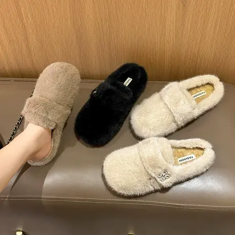 网红平底拖鞋女外穿2023新款超火防滑毛毛鞋轻便百搭冬季包头半拖商品大图