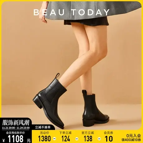 BeauToday靴子女2024新款高跟短靴BT春季高跟瘦瘦靴复古切尔西女图片