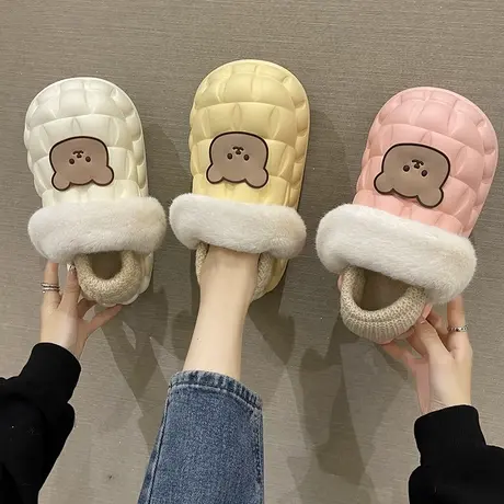 可拆卸棉拖鞋女秋冬季外穿包跟可爱加绒室内家居厚底保暖防水棉鞋商品大图