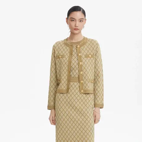 LANCY/朗姿2023新款针织外套女格纹圆领修身通勤职业女上衣奥莱图片