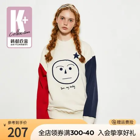 韩都衣舍秋冬新款上衣女情侣时尚宽松刺绣拼接撞色卫衣ins潮商品大图
