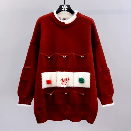 圣诞节红色毛衣女冬季2023新款宽松慵懒风中长款设计感洋气针织衫商品大图