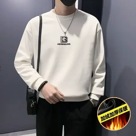 秋冬加绒卫衣男小众设计感简约刺绣上衣2023个性加厚长袖内搭T恤商品大图