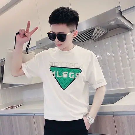 夏季男t恤烫砖字母打底衫短袖修身半袖潮流潮牌网红个性圆领体恤商品大图