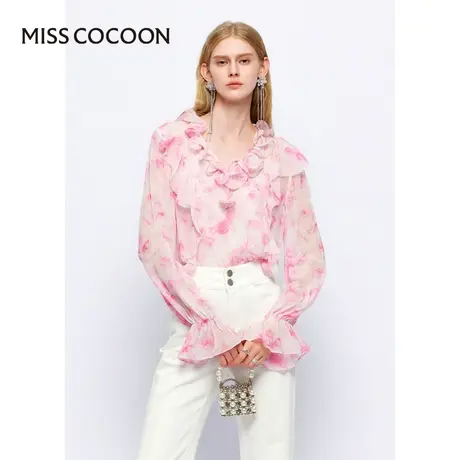 可可尼COCOON2025夏季新款法式荷叶边设计雪纺衫浪漫慵懒风衬衫女商品大图