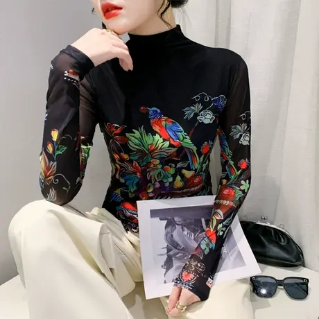 欧货半高领打底衫长袖网纱印花时尚气质减龄内塔上衣女修身T恤潮商品大图