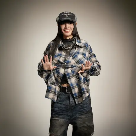 美式街头潮牌复古格子衬衫女春秋2024年新款情侣装衬衣宽松bf上衣图片