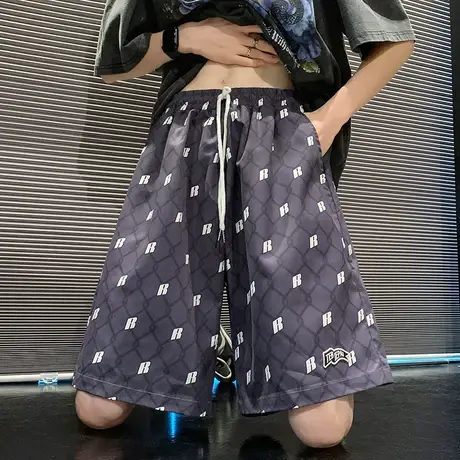 贴标设计满印沙滩裤子男夏季冰丝薄款宽松休闲裤美式高街五分短裤图片