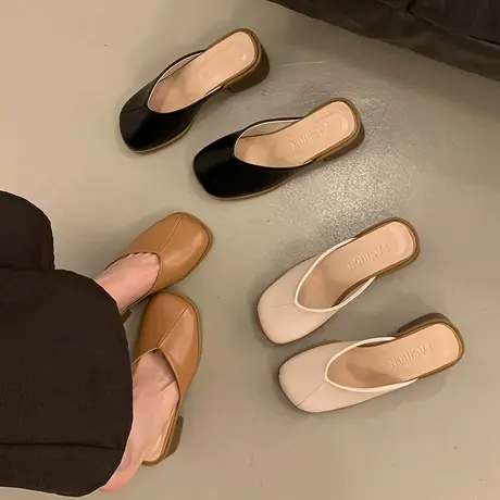 包头半拖鞋女秋季外穿2024新款低跟女鞋子法式百搭一脚蹬方头单鞋图片