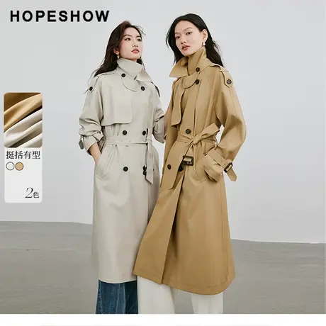 红袖高级卡其双排扣风衣hopeshow2024春新款显瘦简约通勤长款外套商品大图