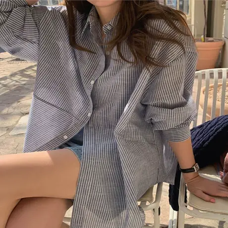 春秋条纹衬衫女韩版时尚休闲百搭棉麻衬衣气质宽松大码亚麻打底衫图片