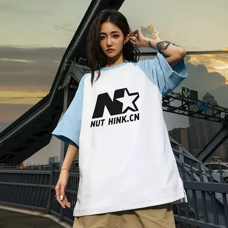 Nuthink美式街头重磅华夫格插肩短袖T恤男夏季宽松半截袖情侣装潮商品大图