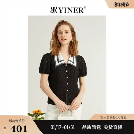 YINER音儿女装2022夏季撞色上衣法式蕾丝polo衬衫商品大图