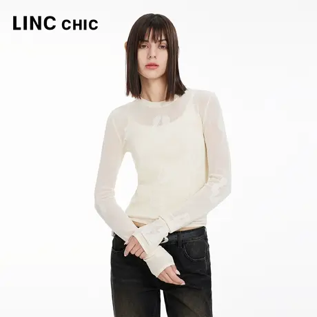 LINCCHIC金羽杰2024年春季新品修身紧致提花网眼针织衫女SW057Y商品大图