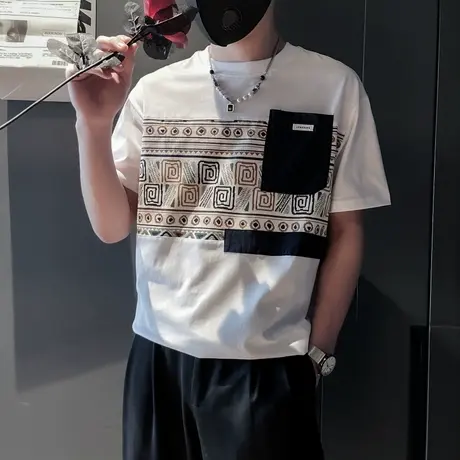 设计感撞色几何印花短袖T恤男夏季新款小众轻熟休闲半袖体恤上衣商品大图