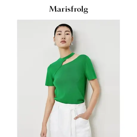 #多巴胺穿搭# 玛丝菲尔2023年夏新款绿色截短式修身针织内搭上衣商品大图