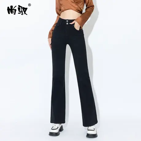 黑色弹力牛仔高腰喇叭裤显瘦女2023年秋季新款修身百搭微喇裤双扣商品大图