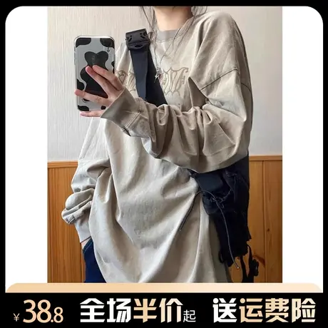 美式高街长袖t恤女春秋2024新款复古宽松慵懒风高级感打底衫上衣商品大图