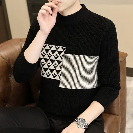 2023秋冬新款条纹男士毛衣加厚圆领青少年宽松潮流男生针织衫外套商品大图