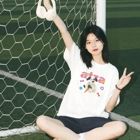 美式甜美夏季百搭白色T恤小狗玩偶女潮牌高级感正肩圆领打底上衣商品大图