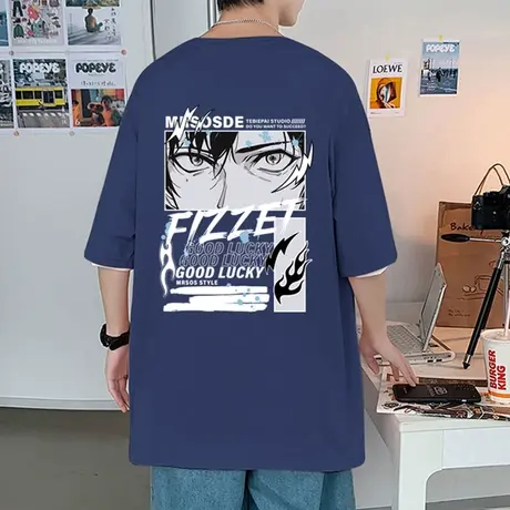 纯棉短袖T恤男2024新款夏季动漫卡通圆领上衣潮牌宽松男生体恤衫商品大图