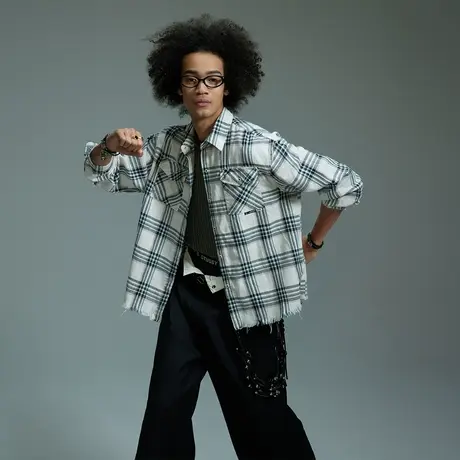 复古做旧毛边格子衬衫男士春秋季新款美式街头潮牌情侣款宽松衬衣图片