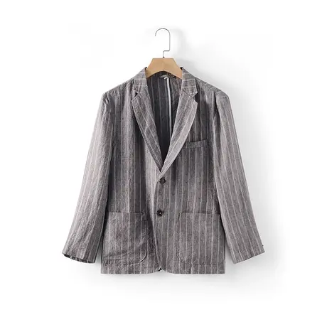 亚麻条纹西装外套男2024春季宽松新款男士休闲单西港风西服衬衫潮图片