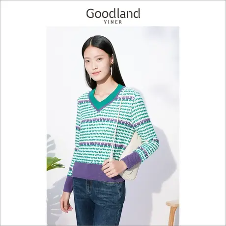 Goodland女装2022冬v领套头小香风设计感毛衣条纹针织衫商品大图