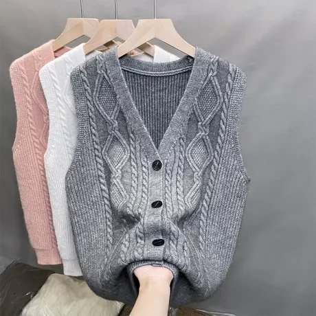 2024年春装新款无袖V领外搭麻花毛衣女洋气单排纯色针织衫女马甲商品大图