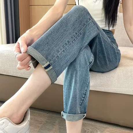 直筒牛仔烟管裤女春夏2024新款高腰宽松修身显瘦小个子九分法棍裤商品大图