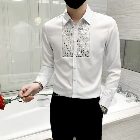 网红个性亮片衬衫男潮牌痞帅气长袖衬衣春季美发型师夜场韩风寸衫商品大图