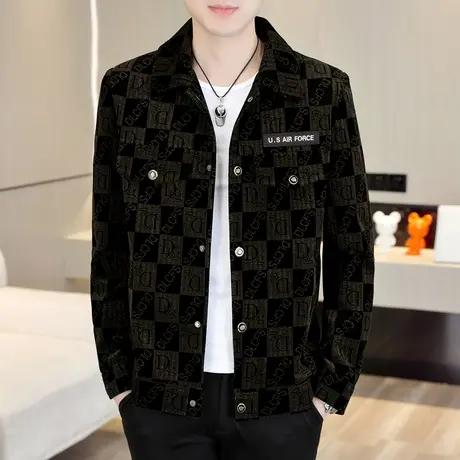 高端男装外套春秋款潮牌轻熟风翻领休闲印花夹克痞帅撞色格子上衣商品大图