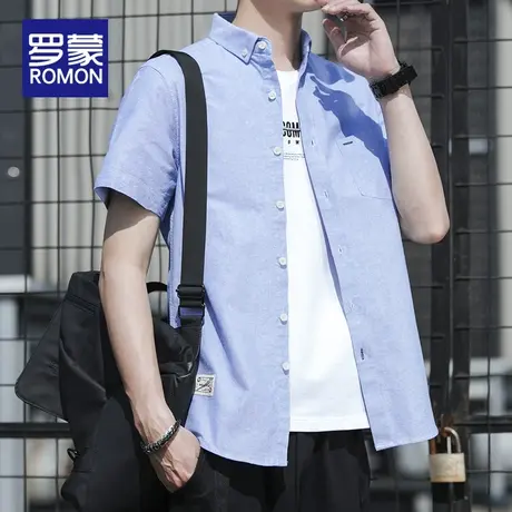 罗蒙男士短袖衬衫夏季薄款宽松休闲纯棉免烫上衣潮牌痞帅衬衣外套商品大图