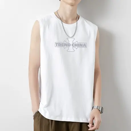 白色背心男士纯棉无袖t恤2023新款夏季外穿健身运动坎肩篮球跨栏商品大图