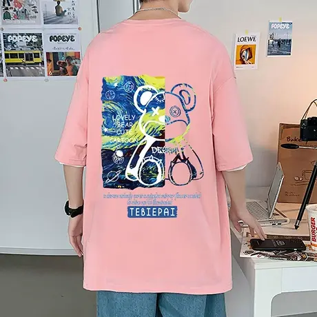纯棉小熊短袖t恤男夏季潮牌潮流港风半袖2023新款美式宽松体恤衫商品大图